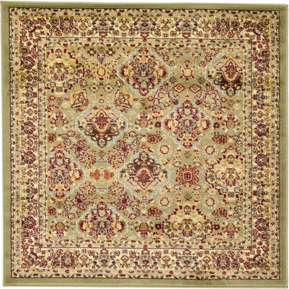 Elegant Square Floral Indoor Area Rug, 4'1", Light Green and Cream