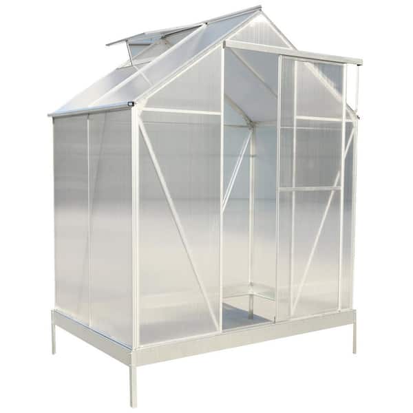 6 ft. W x 4 ft. D x 7 ft. H Aluminium Frame Polycarbonate Silver Walk-in Greenhouse with Rain Gutter, Vent and Door