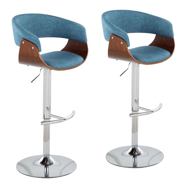 Lumisource Vintage Mod 44.5 in. Adjustable Bar Stool in Blue Fabric and Walnut Wood (Set of 2)