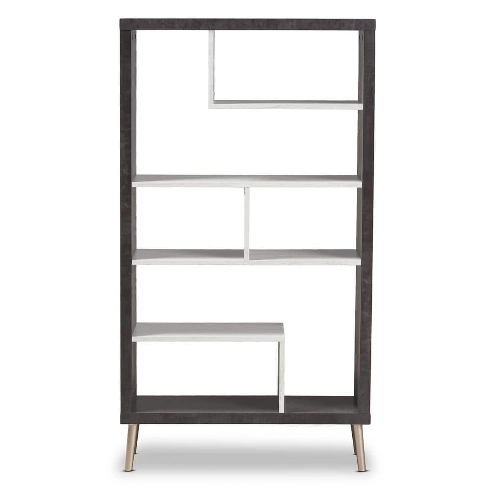 Baxton Studio Atlantic 56.14 in. Dark Gray and Light Gray Wood 7-Shelf Etagere Bookcase with Open Back, Dark Grey/Light Grey The trendy concrete optics go extravagantly through the living world and rewrite the fashion story. In addition to the trendy look, the Atlantic display shelf has a maximum of storage space, presenting your decorative items stylishly. Constructed of engineered wood with two-tone finishing in concrete and sycamore white, the Atlantic display shelf features open compartments for organization. Made in Malaysia, the shelf requires assembly. Color: Dark Grey/Light Grey.