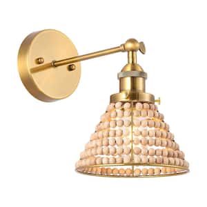 Athiya 7 in. 1-Light Boho Brass Gold Hardwired Wall Sconce Light with Wood Beaded Shade