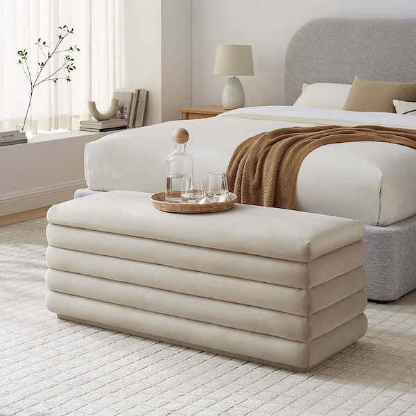 Mezzo Upholstered Performance Velvet Storage Bench in Almond