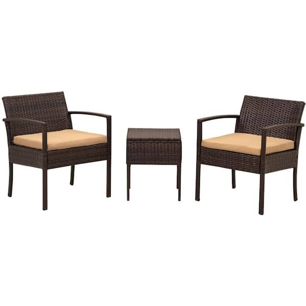 Zeus & Ruta 3-Piece Brown PE Wicker Patio Conversation Set with Yellow Cushions for Garden, Backyard, Balcony, Lawn, Seats 2-Person