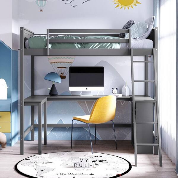 Eer Gray Twin Size Loft Bed With, Ikea Grey Metal Loft Bed With Desk