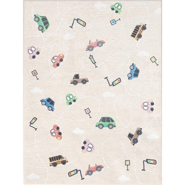 Well Woven Traffic Modern Kids Beige 6 ft. x 9 ft. Machine Washable Flat-Weave Area Rug