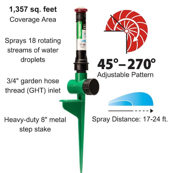 1350 sq. ft. Rotary Nozzle Sprinkler on a Spike, 45-270° Pattern, Adjustable 17-24 ft.