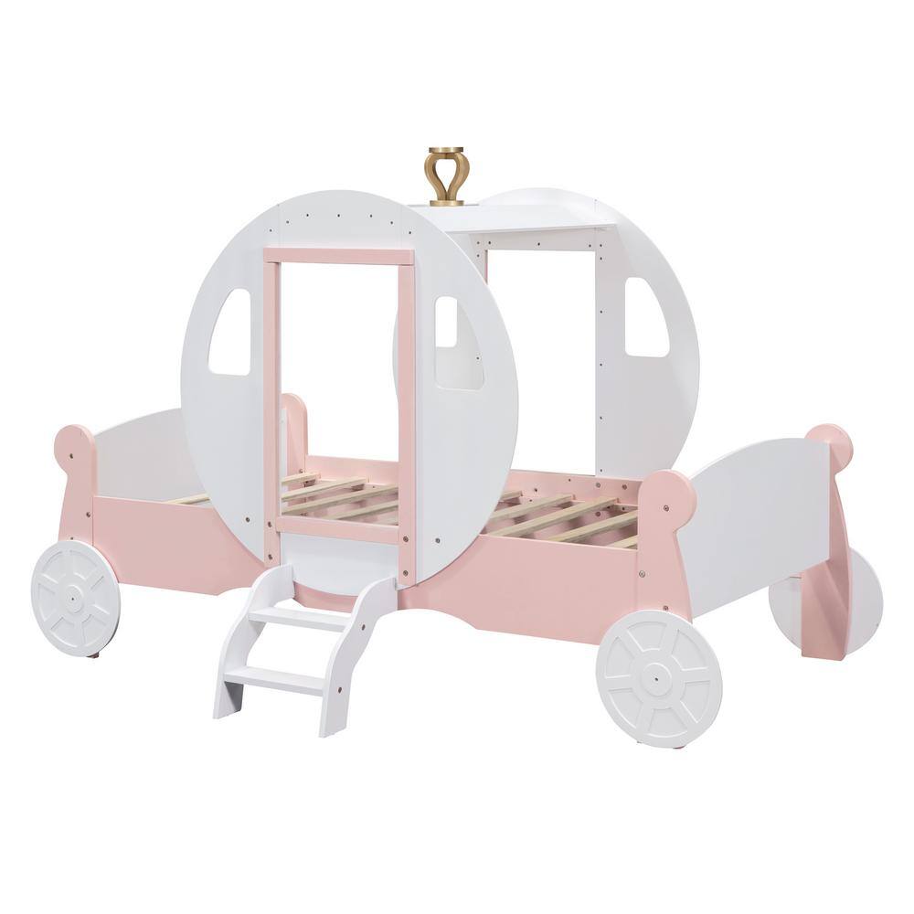 Polibi White Twin Princess Carriage Kid Bed with Crown, Wood Platform