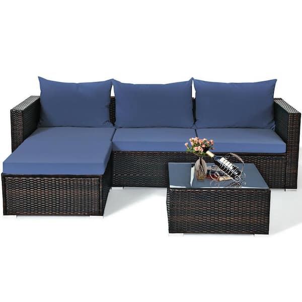 FORCLOVER 5-Piece Wicker Outdoor Sectional Set with Blue Cushions