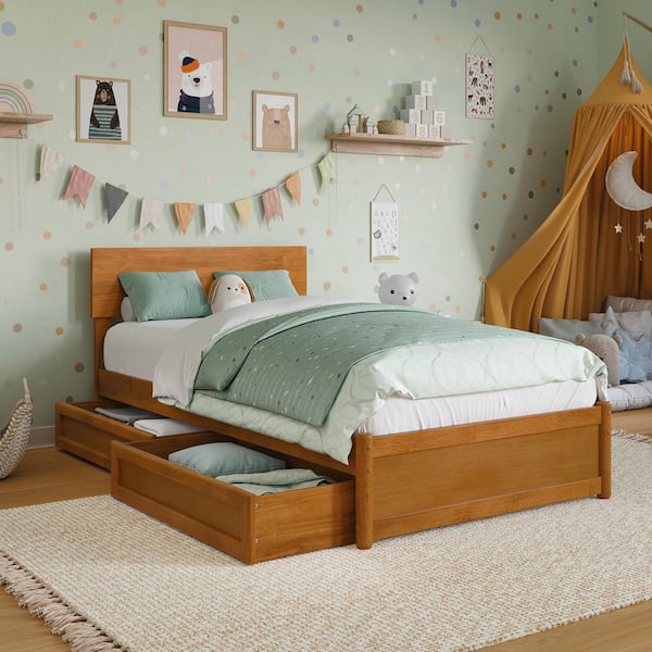 AFI Wesley Light Toffee Natural Bronze Solid Wood Frame Twin Platform Bed with Panel Footboard and Storage Drawers