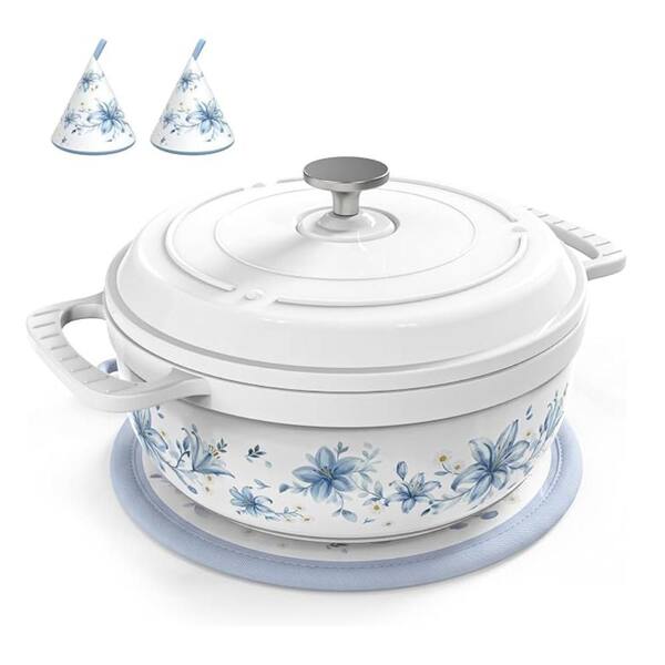 5 qt. Floral Enameled Cast Iron Dutch Oven with Oven Mitts and Pot Holder for Braising, Stewing, Roasting and Baking