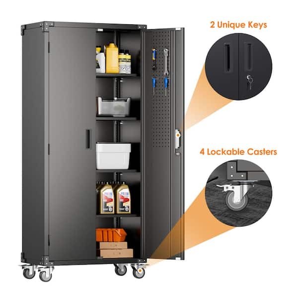 Hephastu 31.5 in. W x 72 in. H x 16.5 in. D 4-Shelves Metal Mobile Garage Storage, Freestanding Cabinet with Pegboard in Black