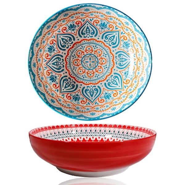10 in. Bohemian Style Ceramic Serving Bowls Set of 2, 78 oz Large Salad and Pasta Bowls in Colorful Red