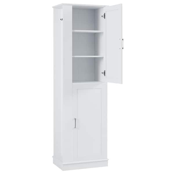 21 in. W x 14 in. D x 68 in. H in White MDF Freestanding Linen Cabinet with Adjustable Shelves, Hook