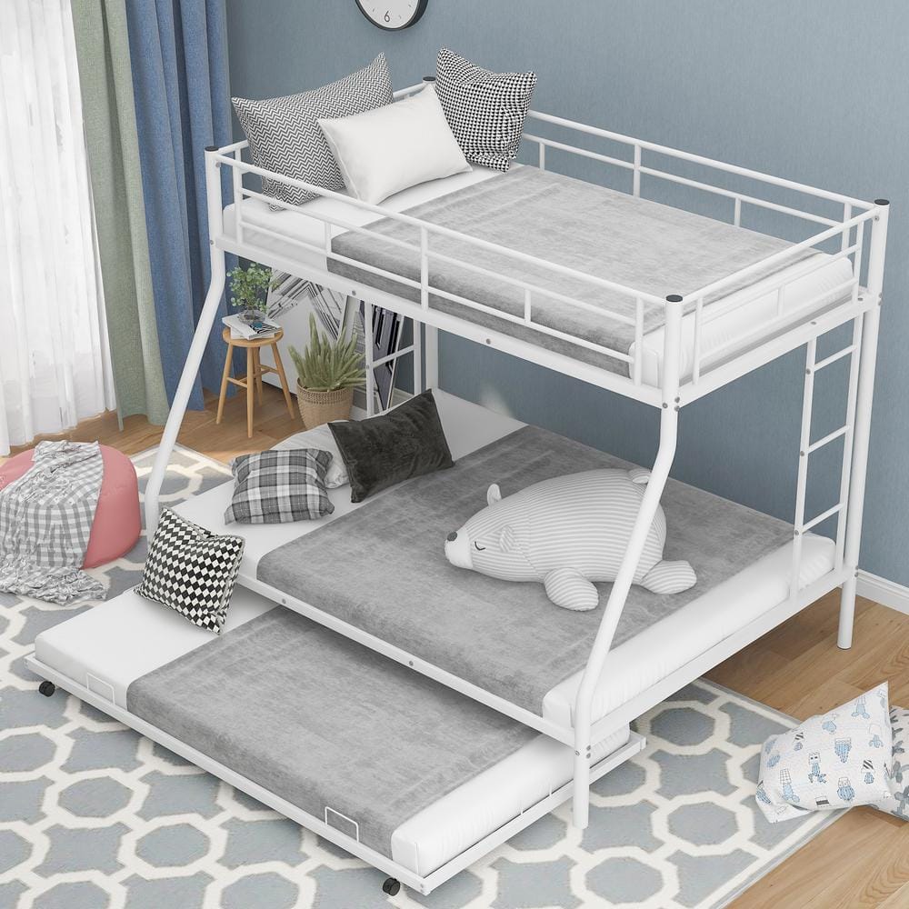 White Metal Twin Over Full Kids Bunk Bed with Twin Trundle, Heavy Duty Metal Bunk Bed Frame with Guardrail and 2 Ladders -  ANBAZAR, 01714ANNA-K