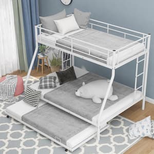 White Metal Twin Over Full Kids Bunk Bed with Twin Trundle, Heavy Duty Metal Bunk Bed Frame with Guardrail and 2 Ladders