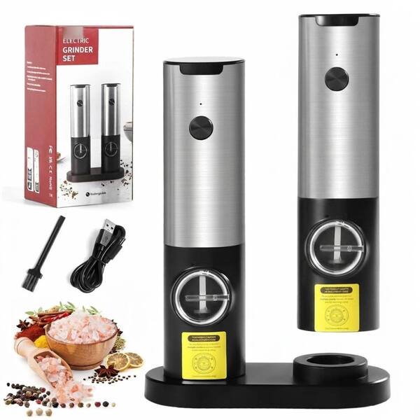 Electric Salt and Pepper Grinder Set with Adjustable Coarseness LED Light Stainless Steel ABS Automatic