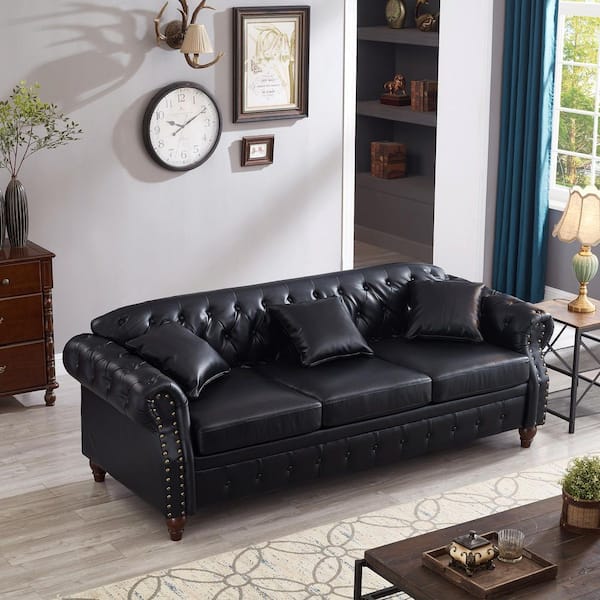 Yvaron 85.8 in. Rolled Arm Button Tufted Nailheads PU Faux Leather Rectangle Storage Chesterfield Sofa in Black