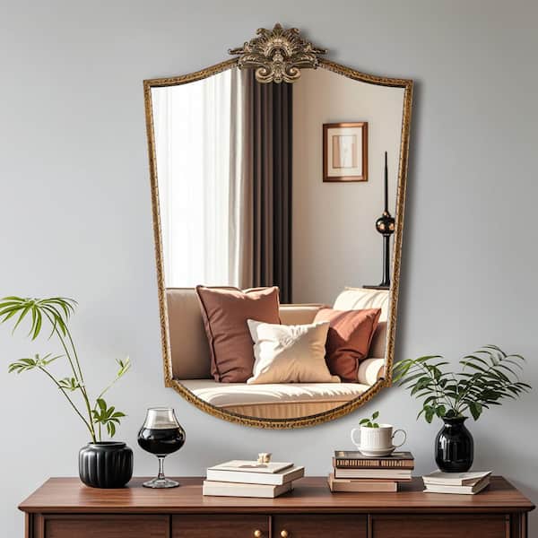 Elevatehome 22 in. W x 30 in. H Ornate Baroque Irregular Vintage Gold Finish Framed Accent Decorative Wall Mirror