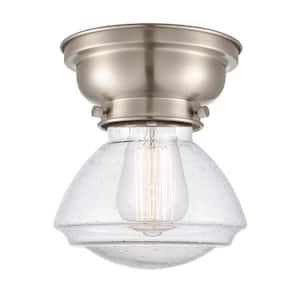 Olean 6.75 in. 1-Light Brushed Satin Nickel Flush Mount with Seedy Glass Shade