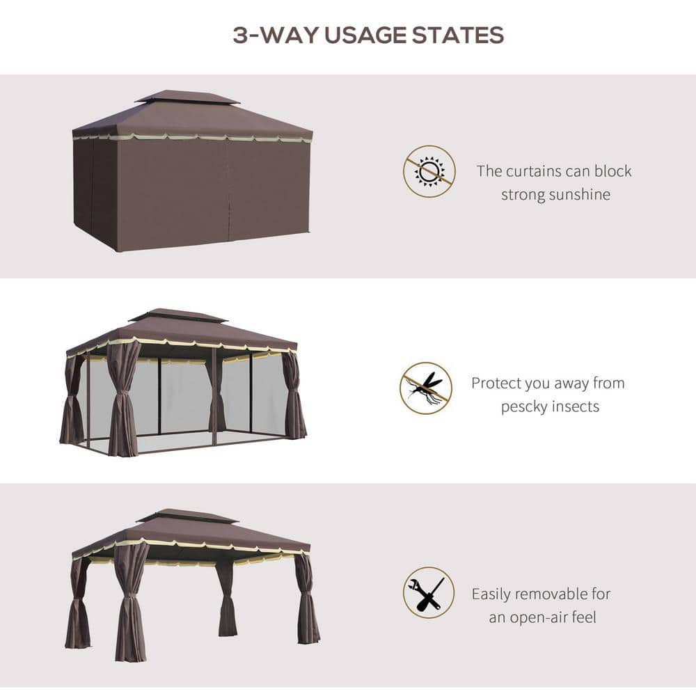 Coffee Brown Aluminum Outdoor Gazebo with Netting and Curtains
