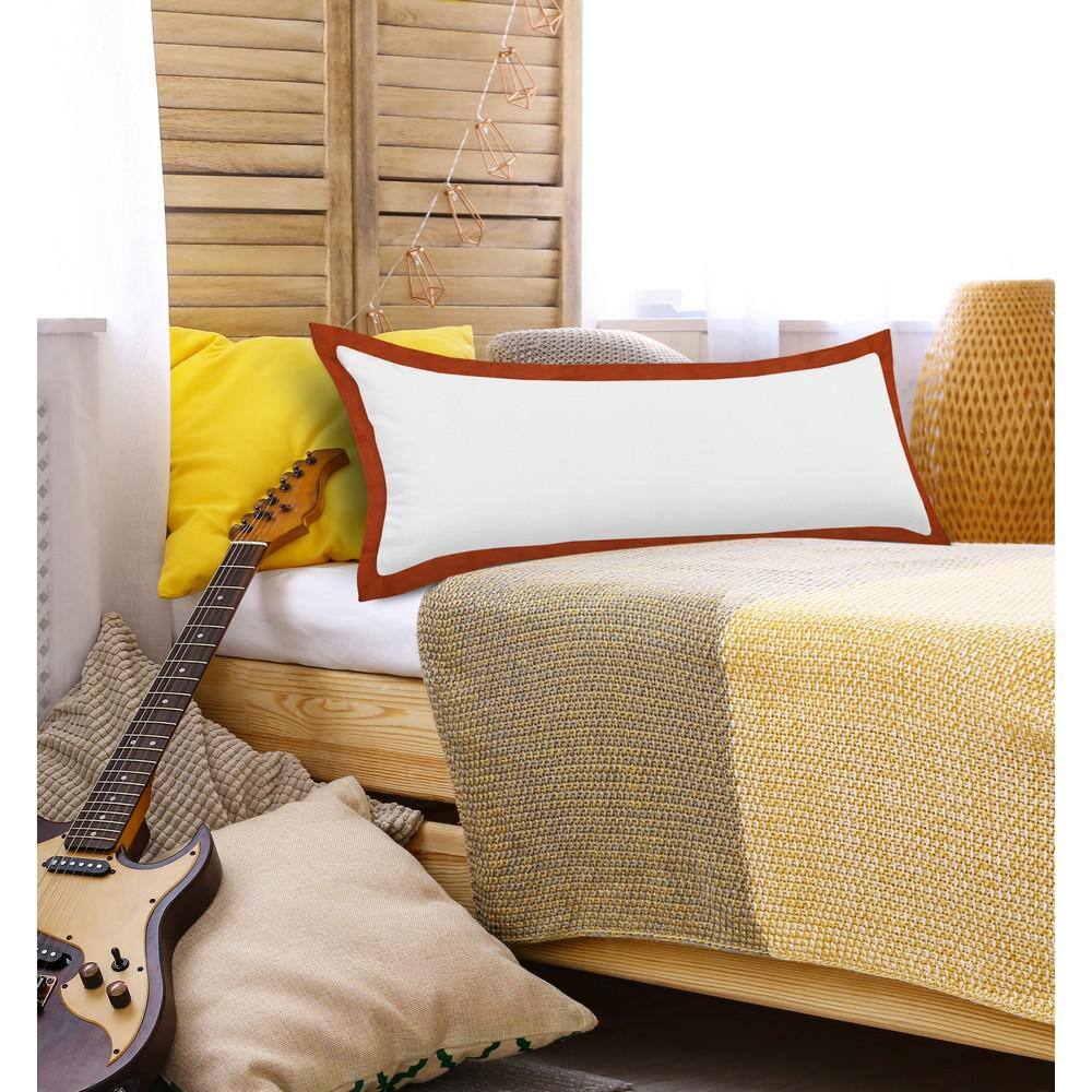 White and Cinnamon Rectangular Cotton Lumbar Pillow
