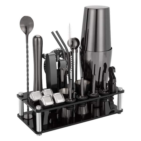 Numhew 23-Piece 20 oz. and 24 oz. Black Stainless Steel Cocktail Shaker Set with Acrylic Stand and Cocktail Recipes Booklet