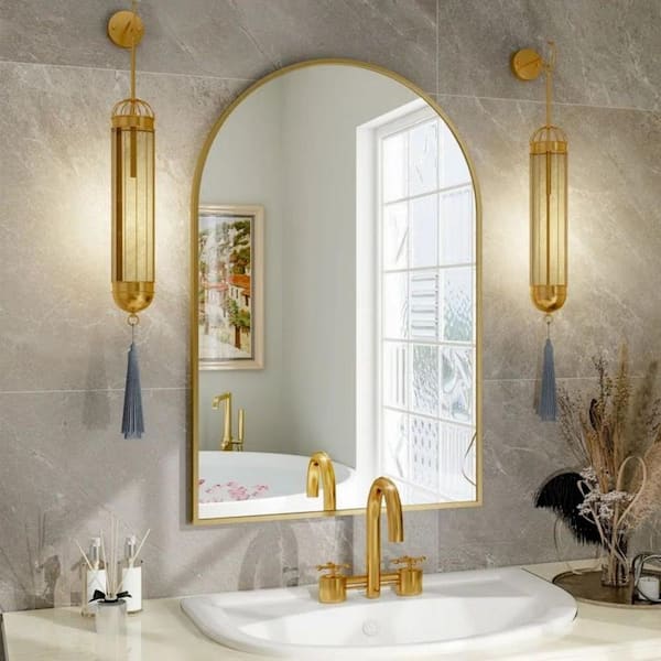 HOMLUX 24 in. W x 36 in. H Round Framed Wall Bathroom Vanity Mirror in Gold Decorative Modern Rust-Resistant