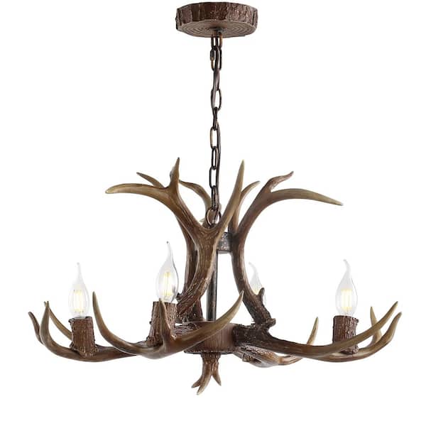 Eldora 26 in. Adjustable Resin Antler 4-Light Brown LED Chandelier