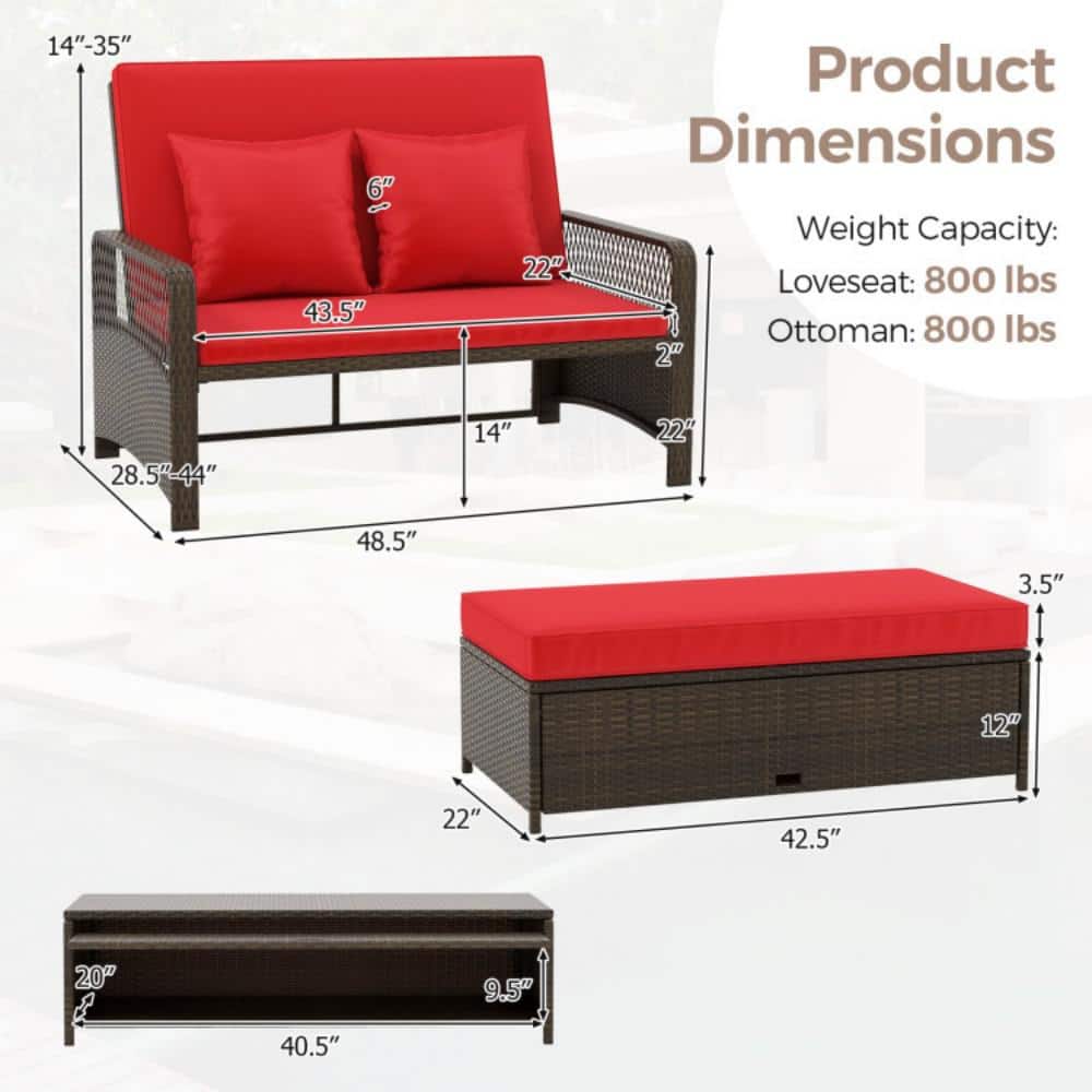 Red Adjustable Rattan Loveseat with Multifunctional Ottoman