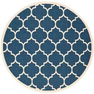 Courtyard Navy/Beige 7 ft. x 7 ft. Round Geometric Indoor/Outdoor Patio  Area Rug