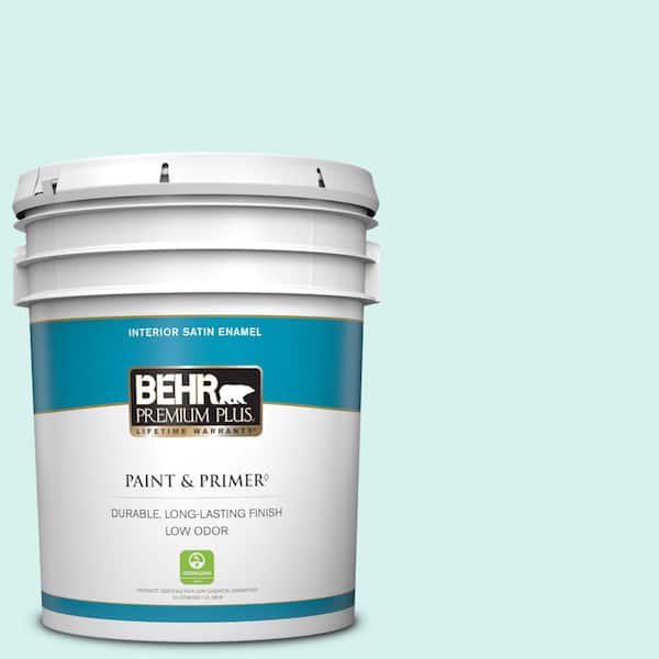 BEHR PREMIUM PLUS 5 gal. #P450-1 Sea Ice Satin Enamel Low Odor Interior Paint & Primer