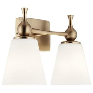 Cosabella 15 in. 2-Light Champagne Bronze Contemporary Bathroom Vanity Light with Satin Etched Cased Opal Glass