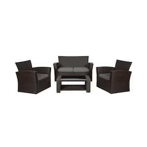 Hudson 4-Piece Chocolate Wicker Outdoor Patio Loveseat and Armchair Conversation Set with Gray Cushions and Coffee Table