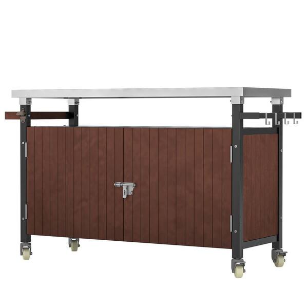 Unbranded Outdoor Brown Grill Cart with Stainless Steel Tabletop, Movable BBQ Serving Cart Rolling Bar Cart