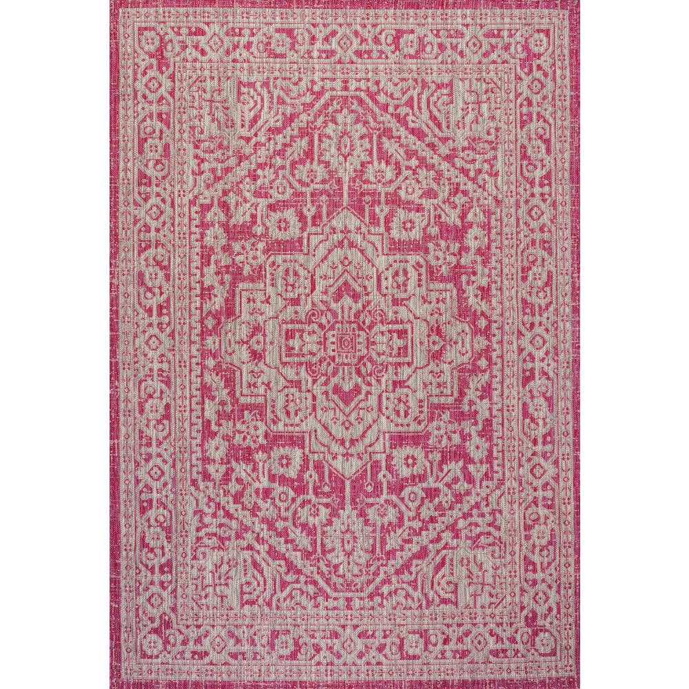 Fuchsia and Light Gray Medallion Synthetic 8' x 10' Area Rug