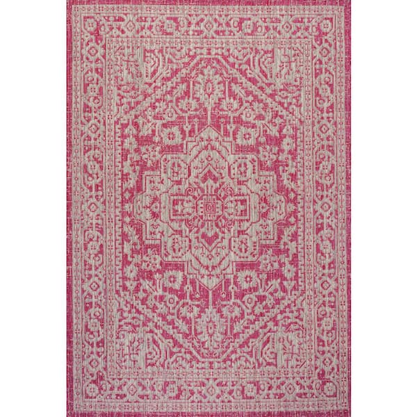Sinjuri Medallion Textured Weave Fuchsia/Light Gray 9 ft. x 12 ft. Indoor/Outdoor Area Rug