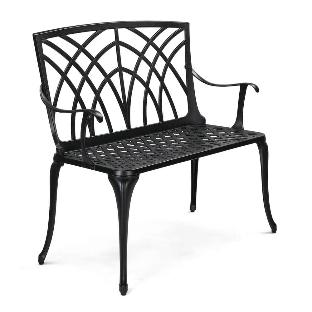 Black Cast Aluminum Outdoor Garden Bench with High Backrest