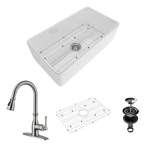 33 in. Farmhouse/Apron-Front Single Bowl Fireclay Kitchen Sink with Brushed Nickel Faucet, Bottom Grid, Strainer Basket