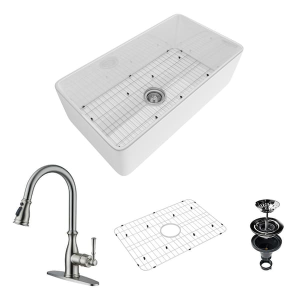 Boyel Living 33 in. Farmhouse/Apron-Front Single Bowl Fireclay Kitchen Sink with Brushed Nickel Faucet, Bottom Grid, Strainer Basket