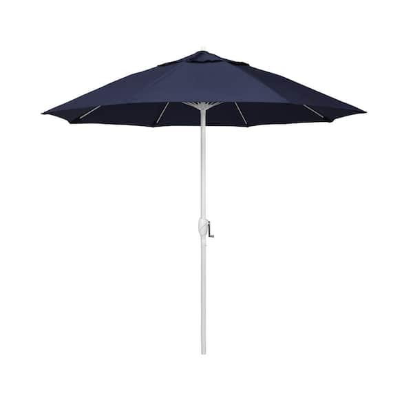 California Umbrella 7.5 ft. Matted White Aluminum Market Patio Umbrella Fiberglass Ribs and Auto Tilt in Navy Blue Sunbrella