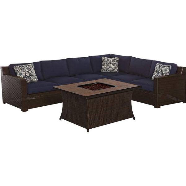 Hanover Metropolitan Brown 6-Piece All-Weather Wicker Patio Fire Pit Seating Set with Navy Blue Cushions and Porcelain Tile Top