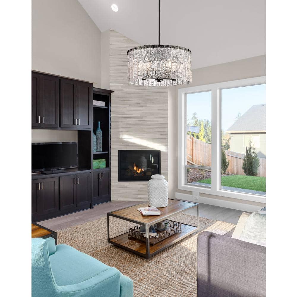 Matte Black Steel and Glass Drum Pendant Light