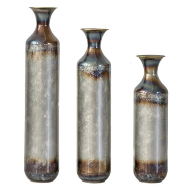 20.4 in. /24.4 in. /28.34 in. Silver 3-Piece Modern Droplet Floor Vase Set-Glazed Metal, Large Vases for Home Decor