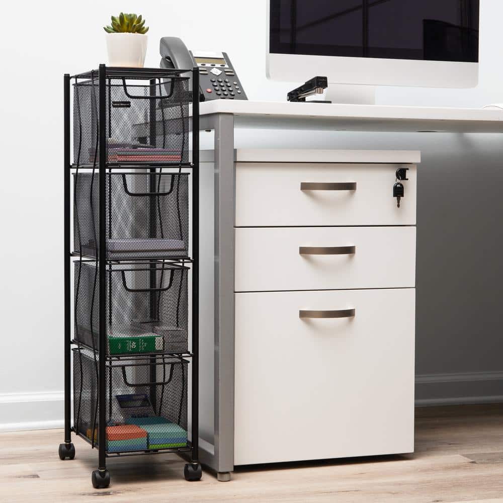 Black Metal Mesh 4-Drawer Mobile Storage Trolley