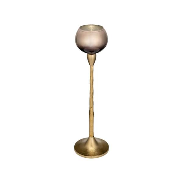 18 in. Gold Glass and Metal Pillar Candle Holder with Curved Globe