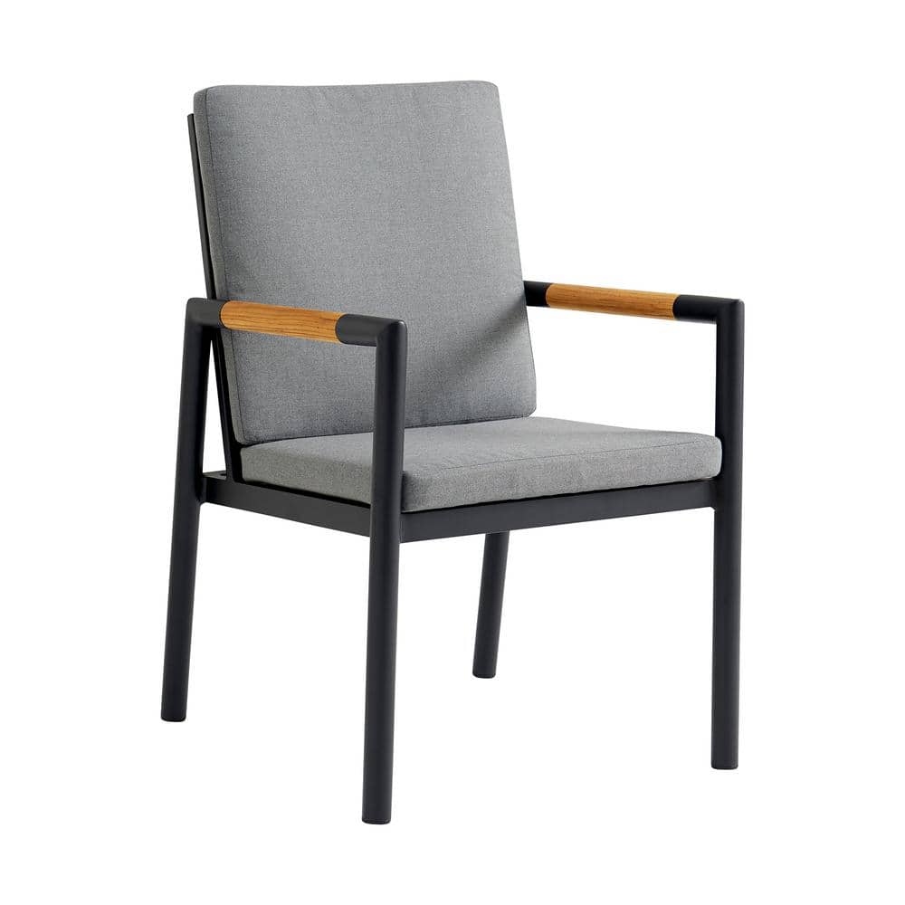 Royal Black Aluminum and Teak Outdoor Dining Chair Set with Gray Cushions