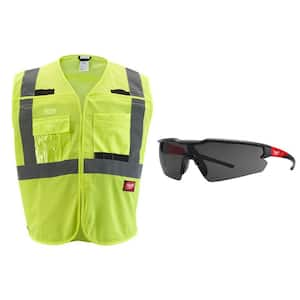 4X/5X-Large Yellow Class 2 Breakaway Mesh High Vis Safety Vest and Tinted Anti Scratch Safety Glasses