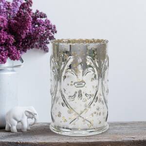 6.5 in. Antique Silver Glass Fluer De Lis Pillar Candle Holder