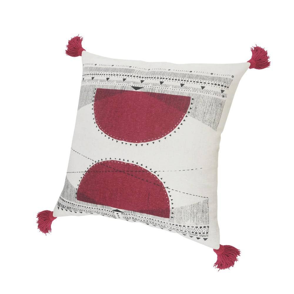 White and Burgundy Cotton Blend Geometric Throw Pillow