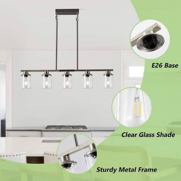 5-Light Brushed Nickel Linear Chandelier Pendant Light Industrial Ceiling Light for Kitchen Island